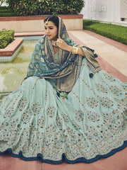 Captivating Sky Blue Embroidered Silk Designer Lehenga Choli