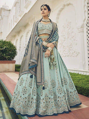 Captivating Sky Blue Embroidered Silk Designer Lehenga Choli