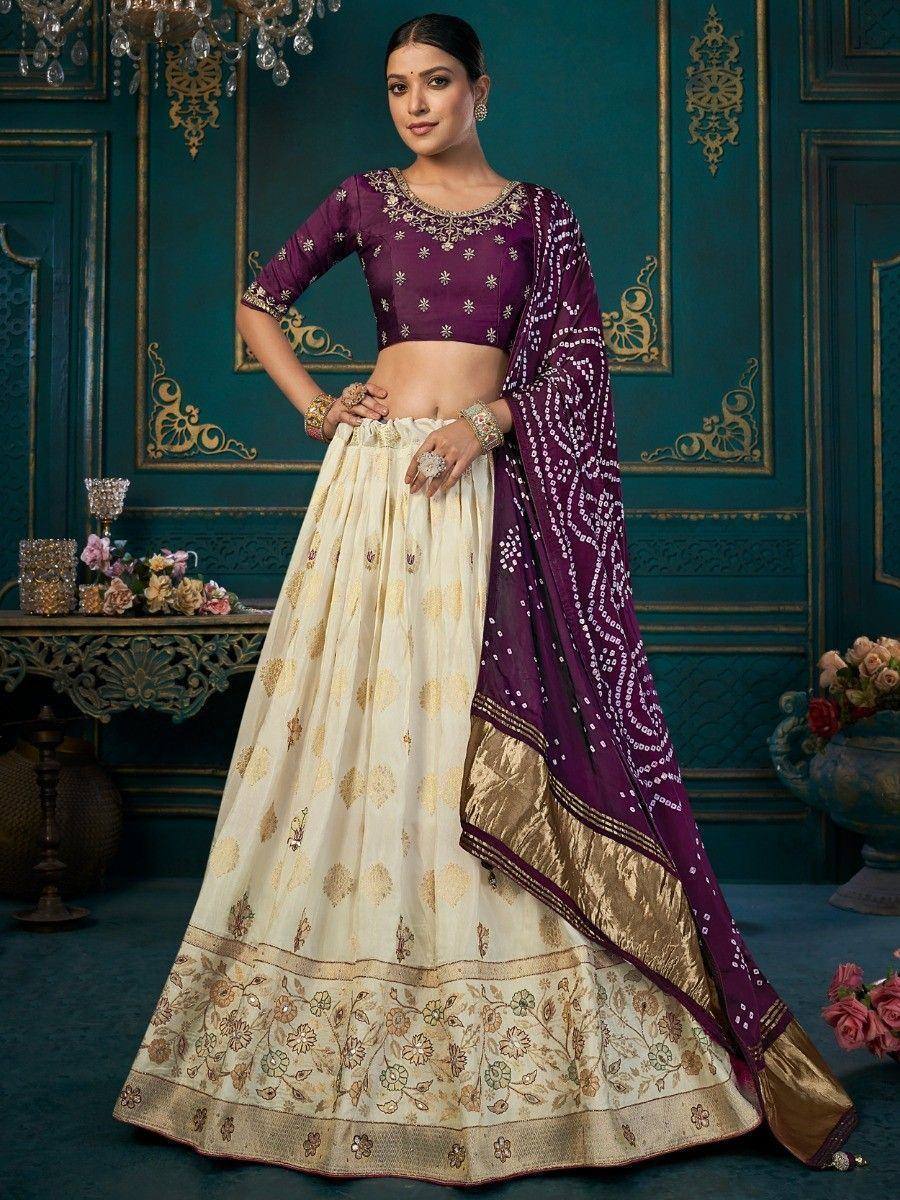 Purple and cream embroidered lehenga choli with floral dupatta, Indian ethnic wear for weddings