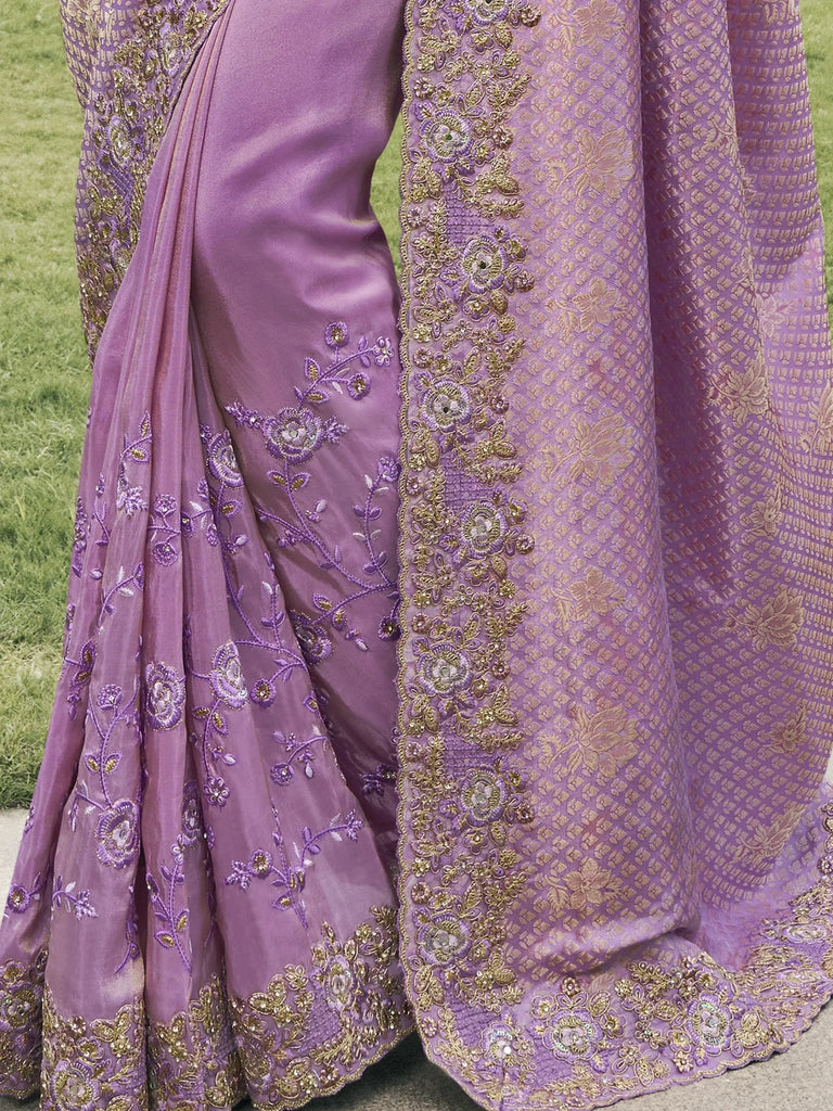 Captivating Lavender Embroidery Silk Engagement Wear Saree