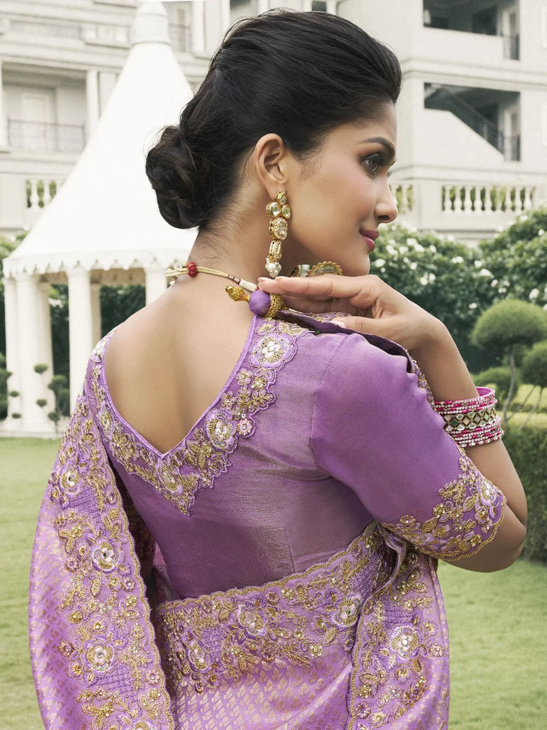 Captivating Lavender Embroidery Silk Engagement Wear Saree