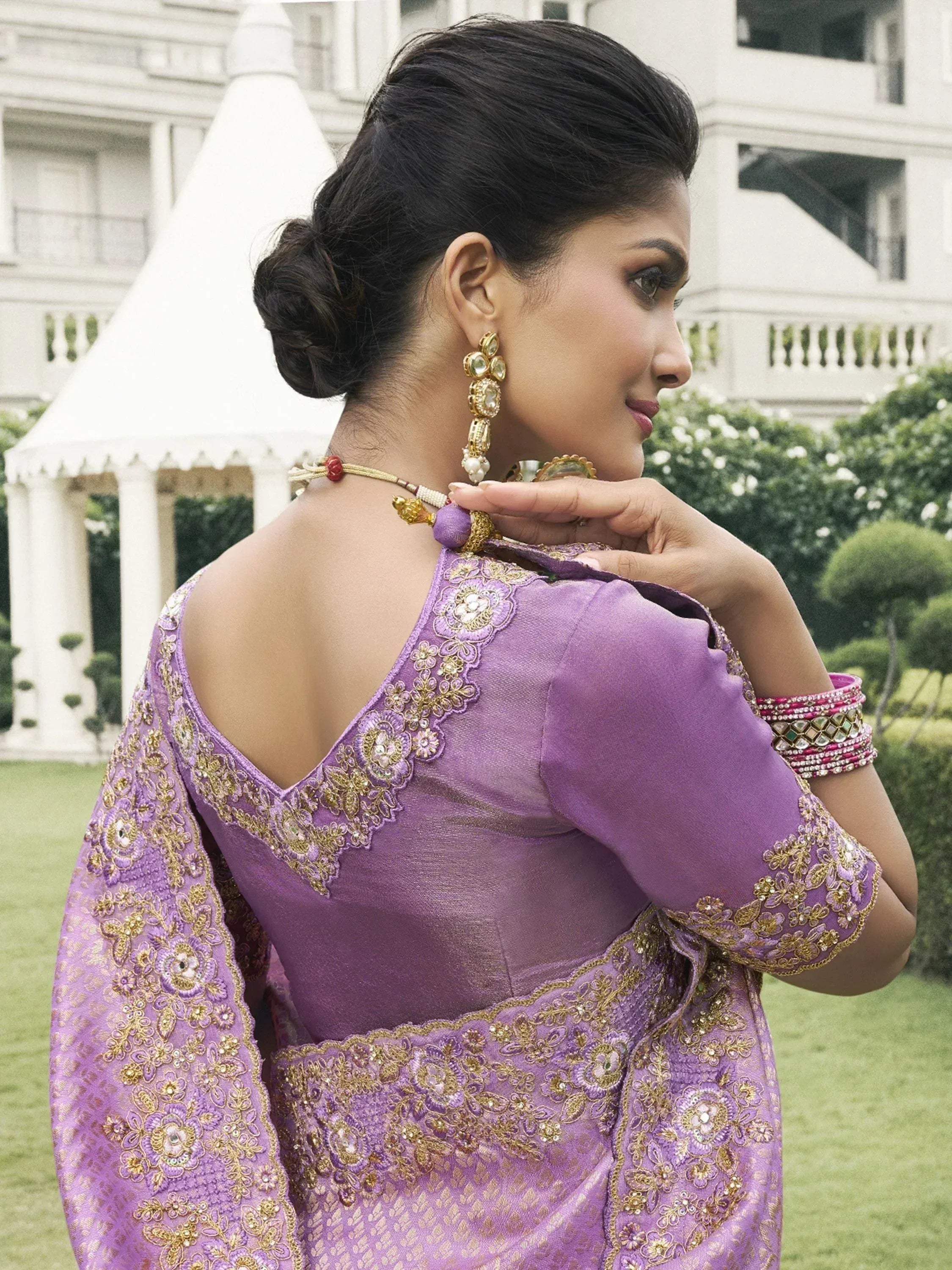 Captivating Lavender Embroidery Silk Engagement Wear Saree