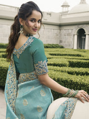 Gorgeous Turquoise Embroidery Silk Wedding Wear Saree With Blouse