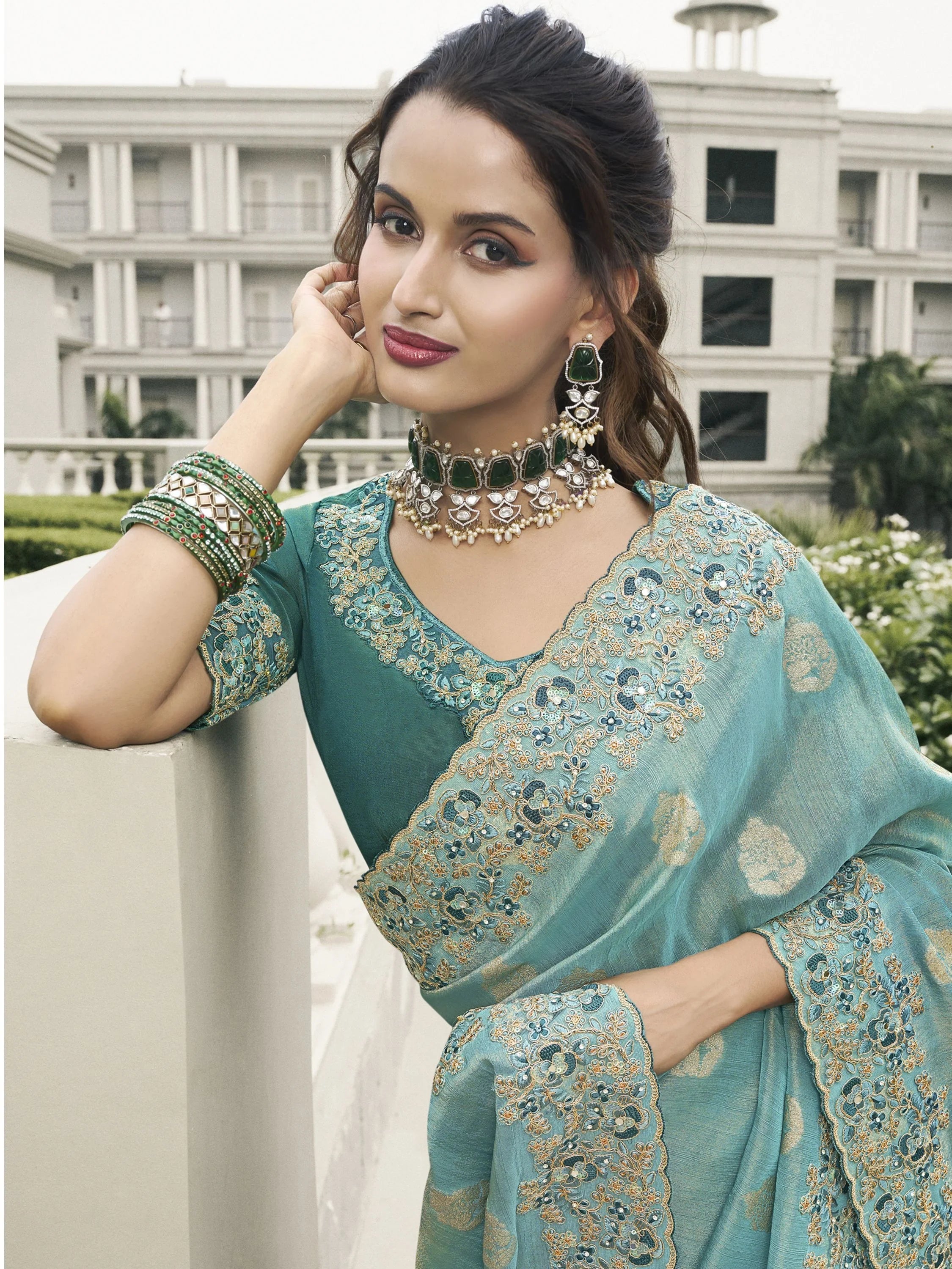 Gorgeous Turquoise Embroidery Silk Wedding Wear Saree With Blouse