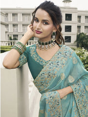 Gorgeous Turquoise Embroidery Silk Wedding Wear Saree With Blouse