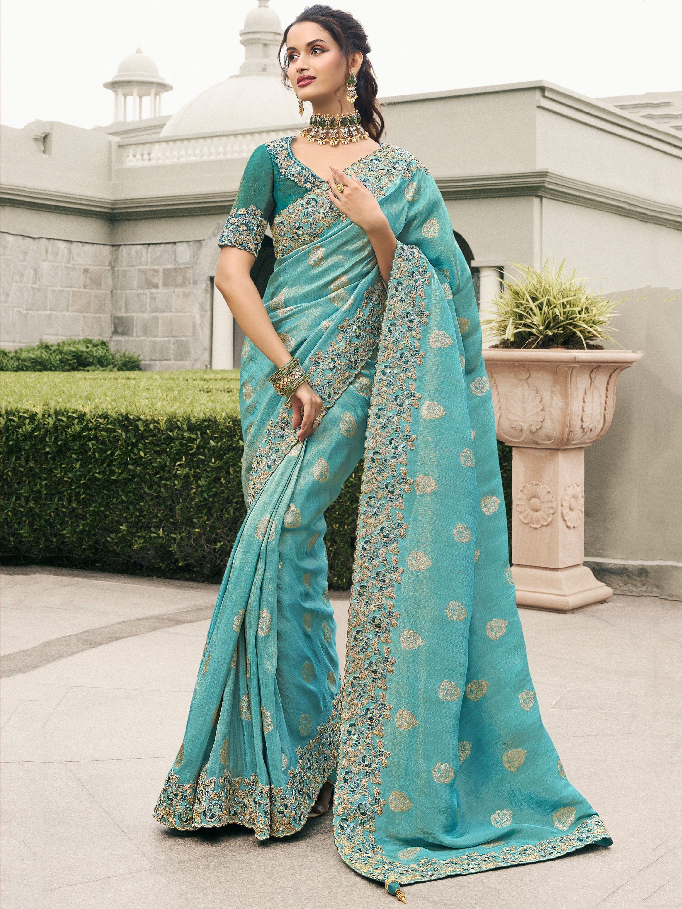 Gorgeous Turquoise Embroidery Silk Wedding Wear Saree With Blouse