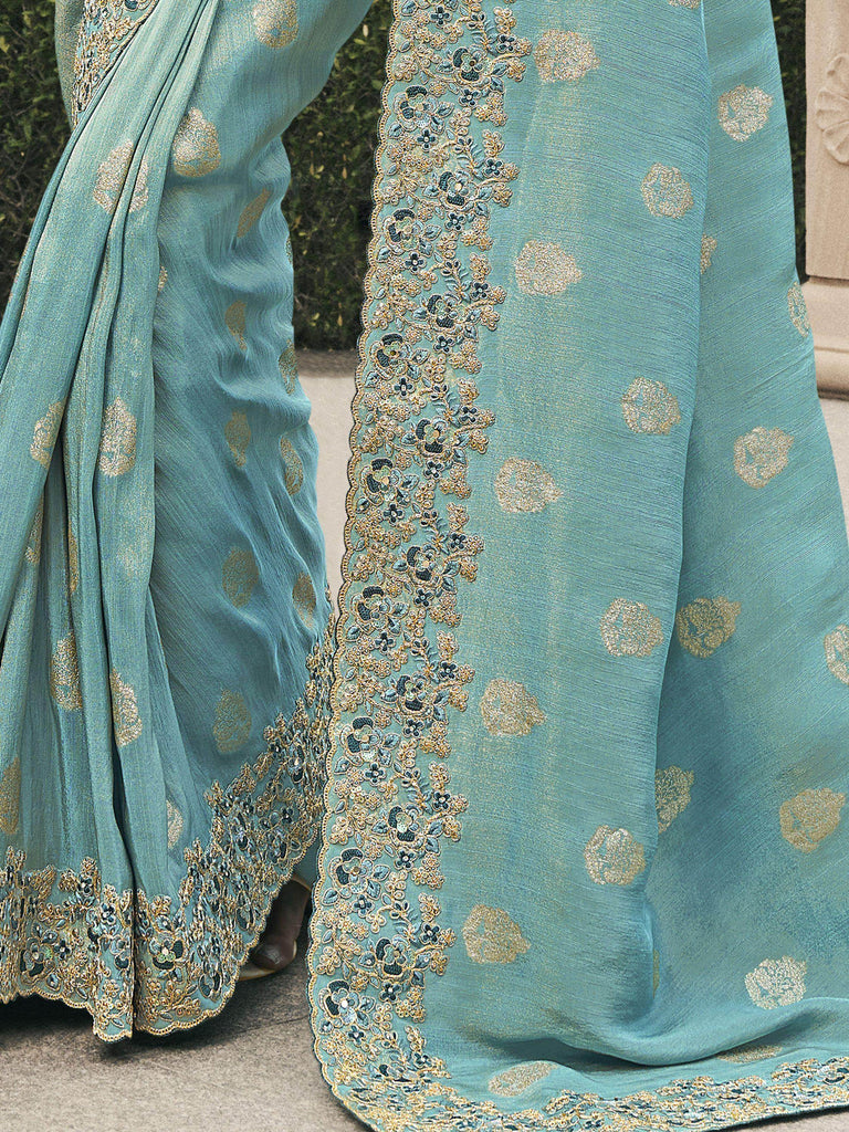Gorgeous Turquoise Embroidery Silk Wedding Wear Saree With Blouse