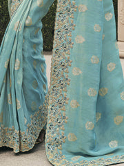 Gorgeous Turquoise Embroidery Silk Wedding Wear Saree With Blouse