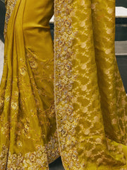 Bewitching Mustard Yellow Embroidery Silk Festival Wear Saree
