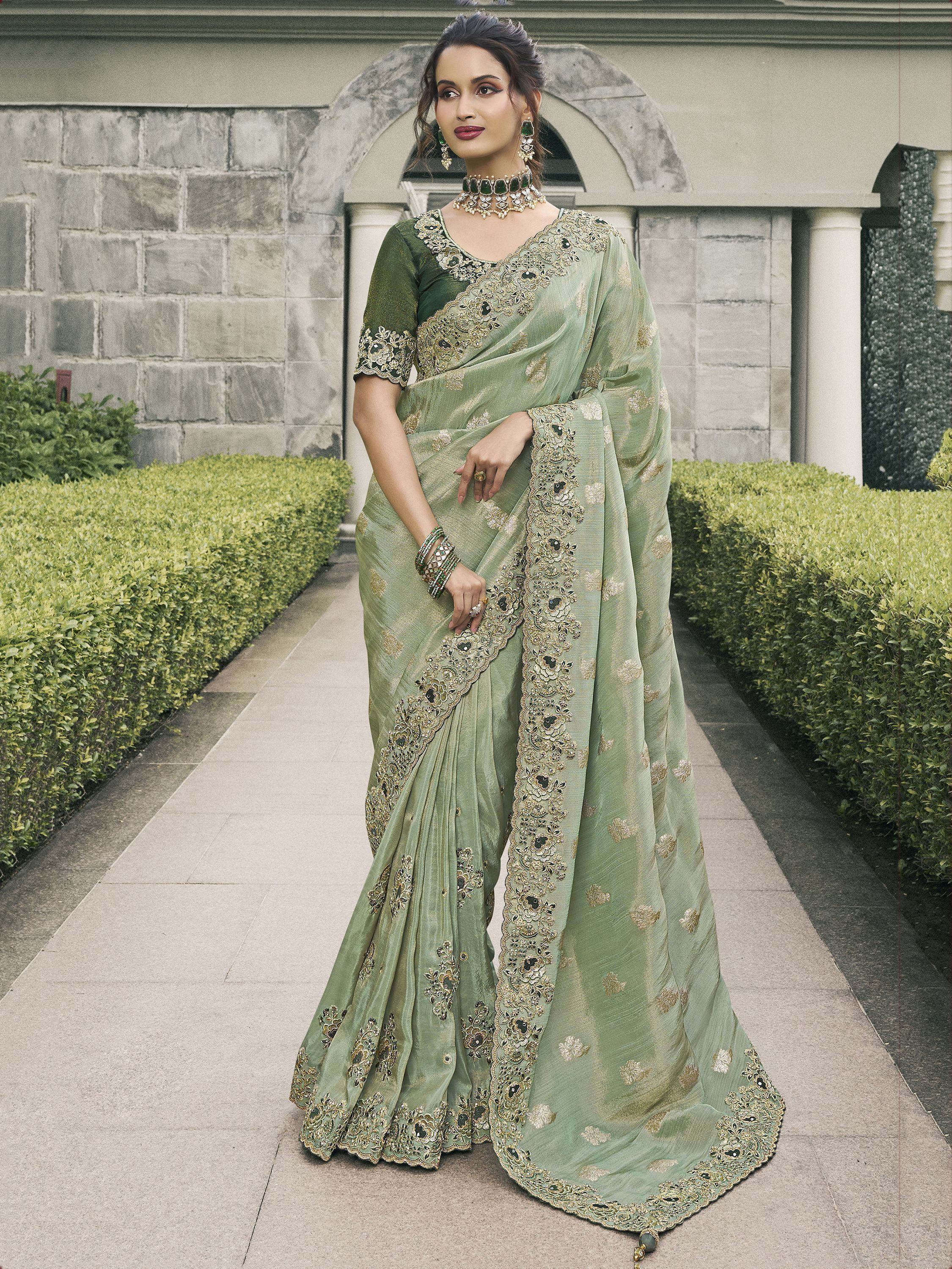 Beautiful Pista Green Embroidery Silk Wedding Saree With Blouse