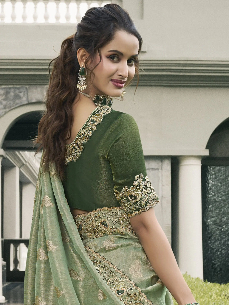 Beautiful Pista Green Embroidery Silk Wedding Saree With Blouse