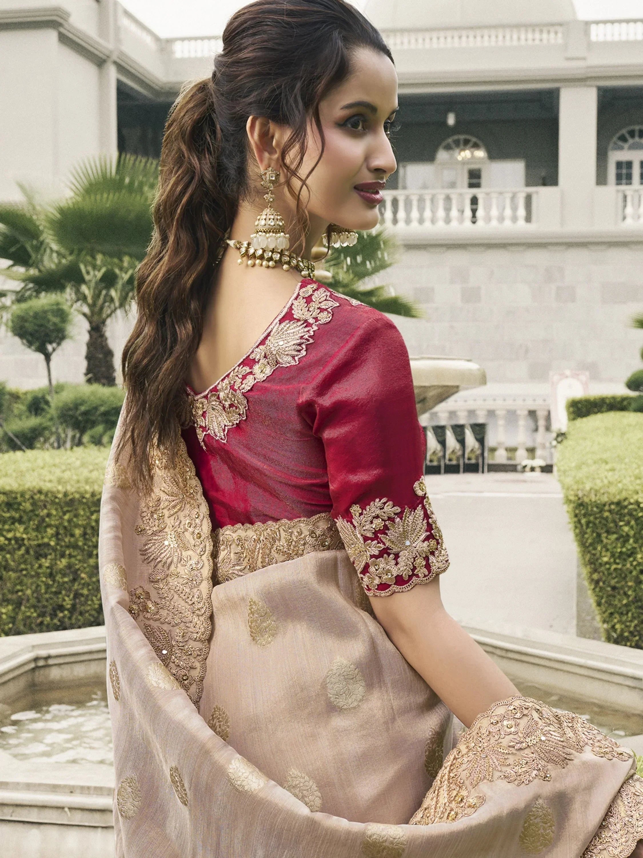Attractive Cream Heavy Embroidery Silk Event Wear Saree With Blouse