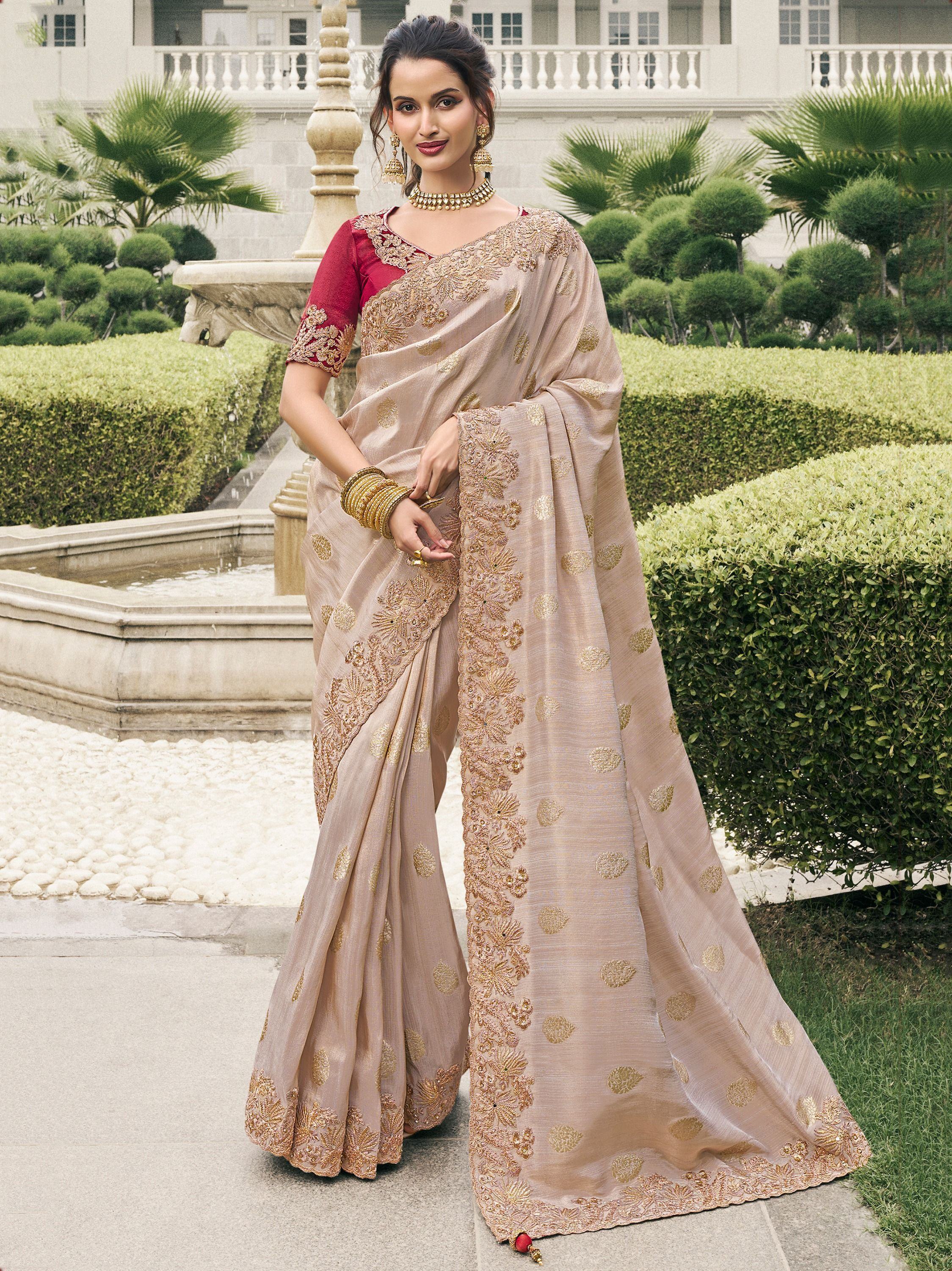Attractive Cream Heavy Embroidery Silk Event Wear Saree With Blouse