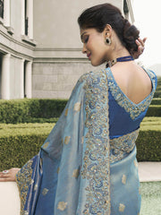 Marvelous Teal Blue Embroidered Tissue Silk Saree With Blouse