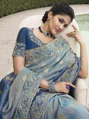 Marvelous Teal Blue Embroidered Tissue Silk Saree With Blouse