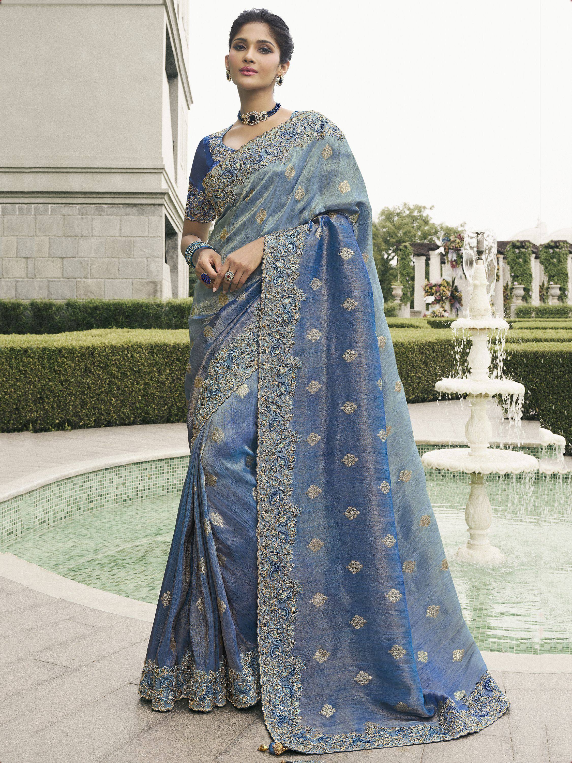 Marvelous Teal Blue Embroidered Tissue Silk Saree With Blouse