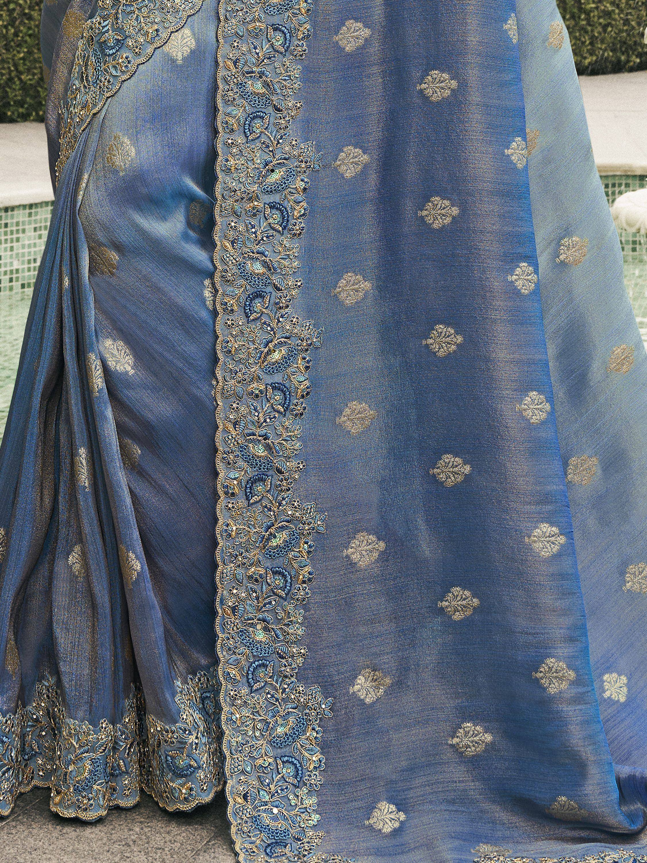 Marvelous Teal Blue Embroidered Tissue Silk Saree With Blouse