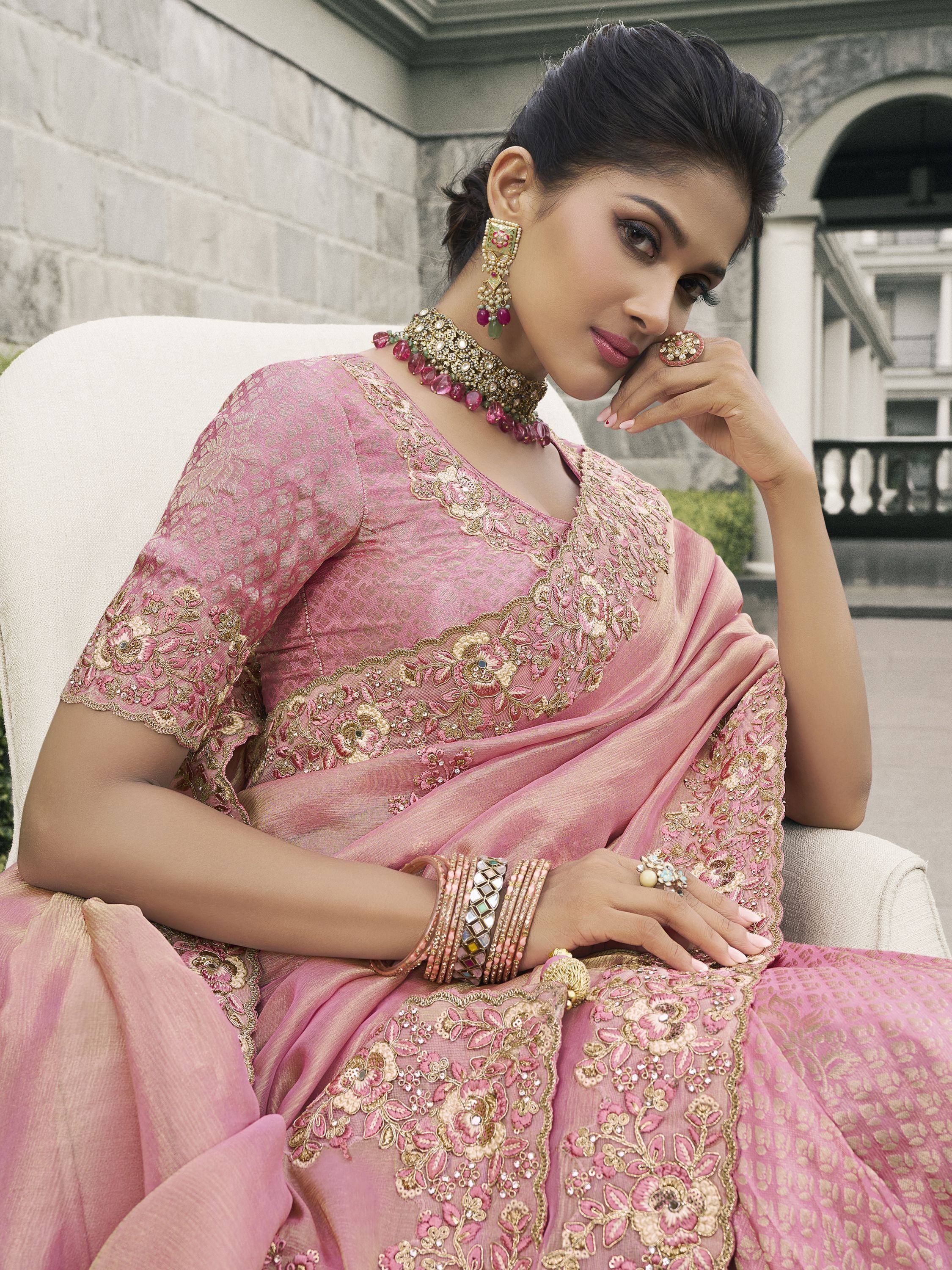 Pink embroidered lehenga choli with gold floral work, perfect for Indian ethnic wear occasions