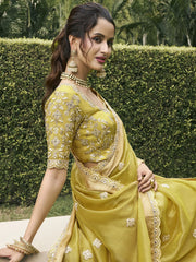 Incredible Mustard Yellow Embroidered Silk Function Wear Saree