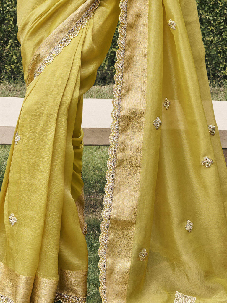 Incredible Mustard Yellow Embroidered Silk Function Wear Saree