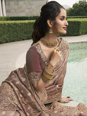 Astonishing Dusty Brown Embroidered Silk Wedding Wear Saree