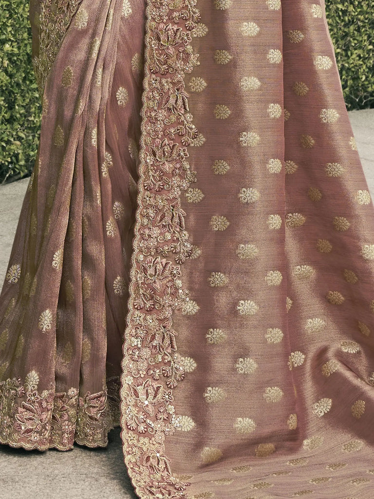 Astonishing Dusty Brown Embroidered Silk Wedding Wear Saree