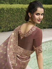 Astonishing Dusty Brown Embroidered Silk Wedding Wear Saree