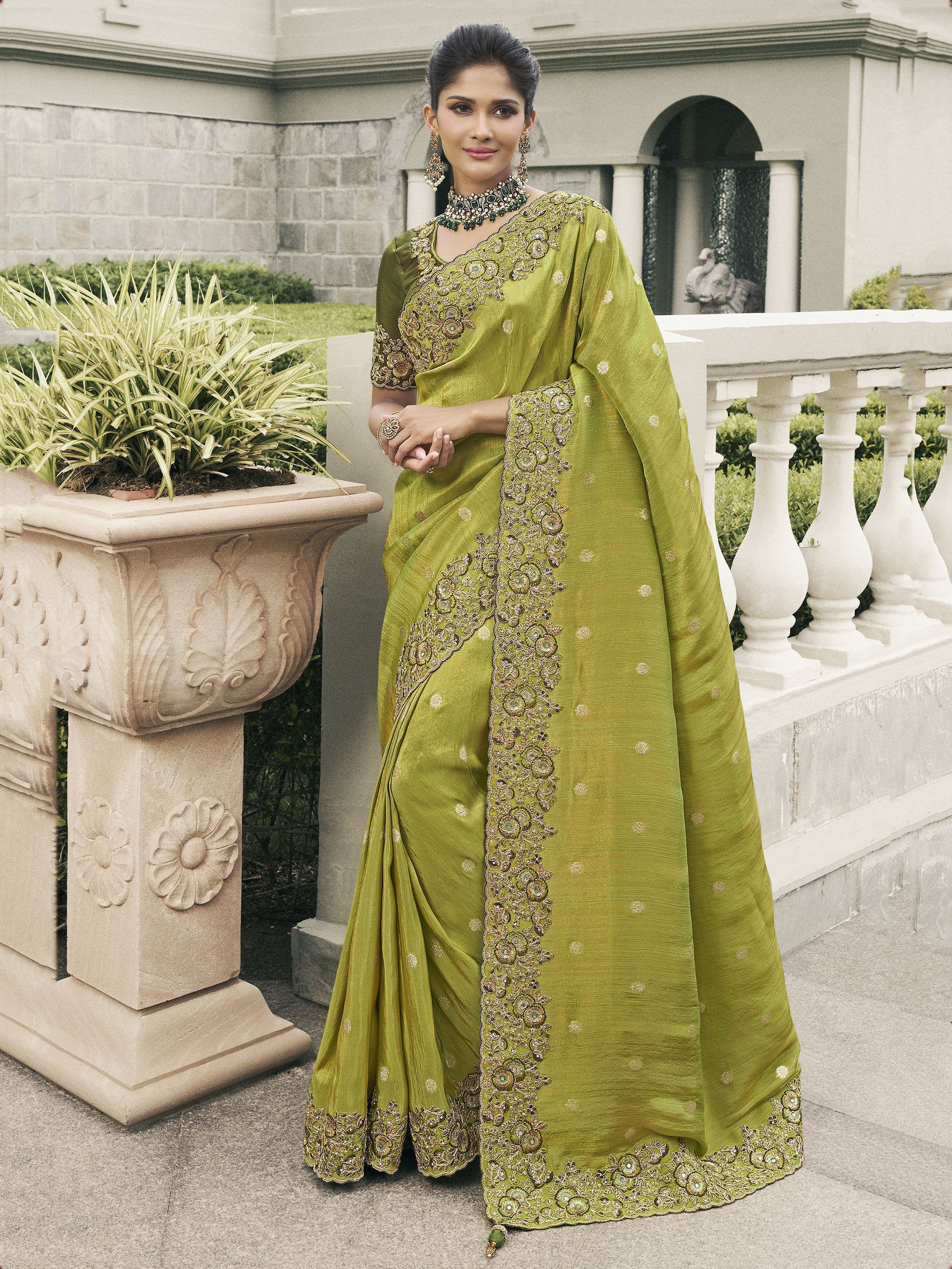 Wonderful Olive Green Embroidered Silk Mehendi Wear Saree