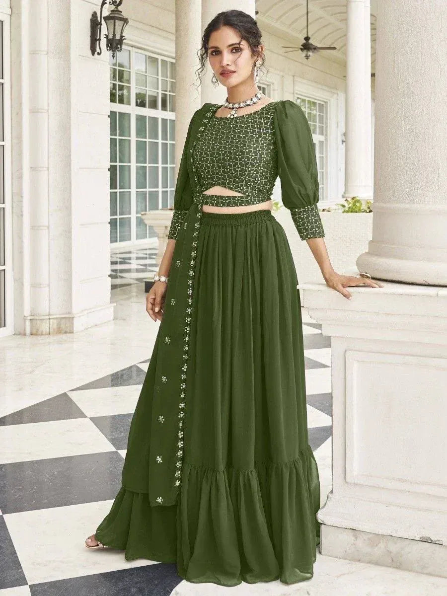 Olive green embroidered lehenga choli with puff sleeves, perfect for Indian ethnic wear occasions