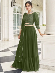 Beautiful Green Embroidered Georgette Mehendi Wear Lehenga Choli