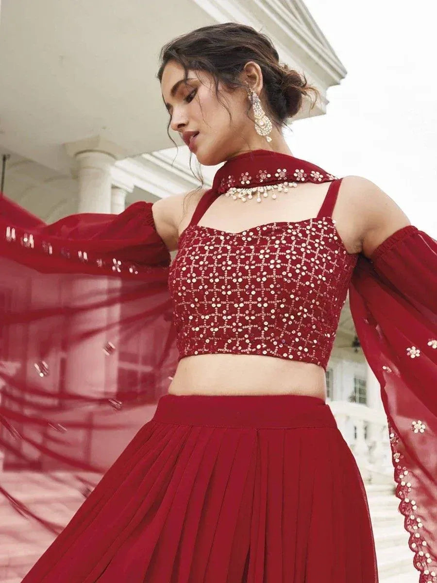 Red sequined lehenga choli with floral embroidery, perfect for Indian ethnic wear events