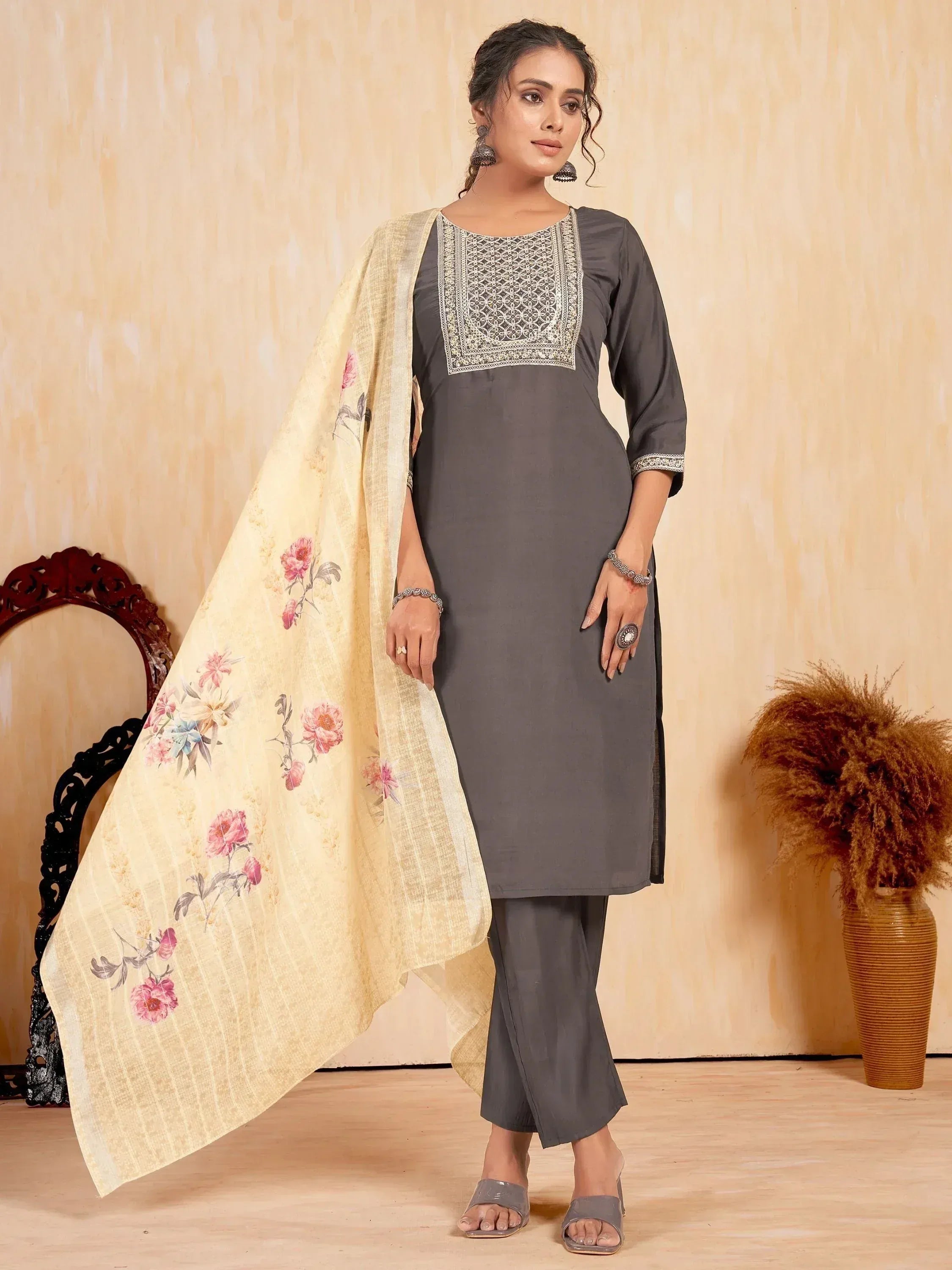 Grey embroidered kurta with floral dupatta, ethnic wear for women