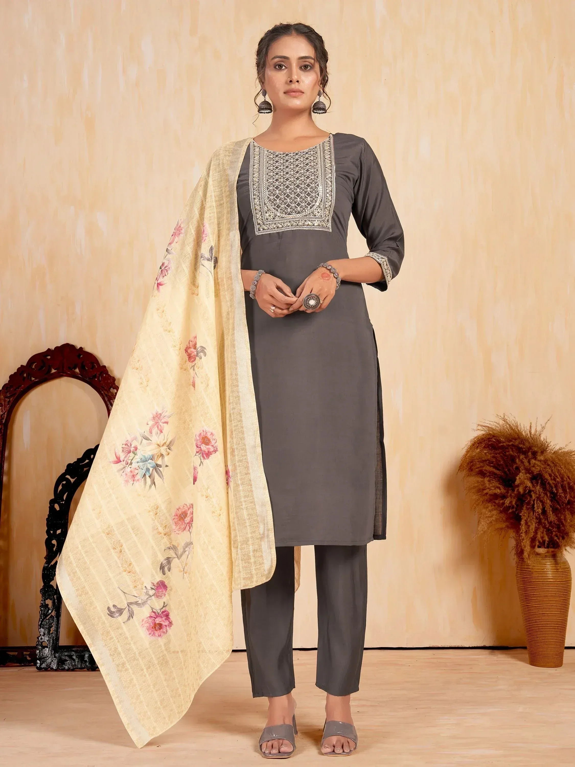 Grey embroidered kurta with floral dupatta, ethnic wear for women