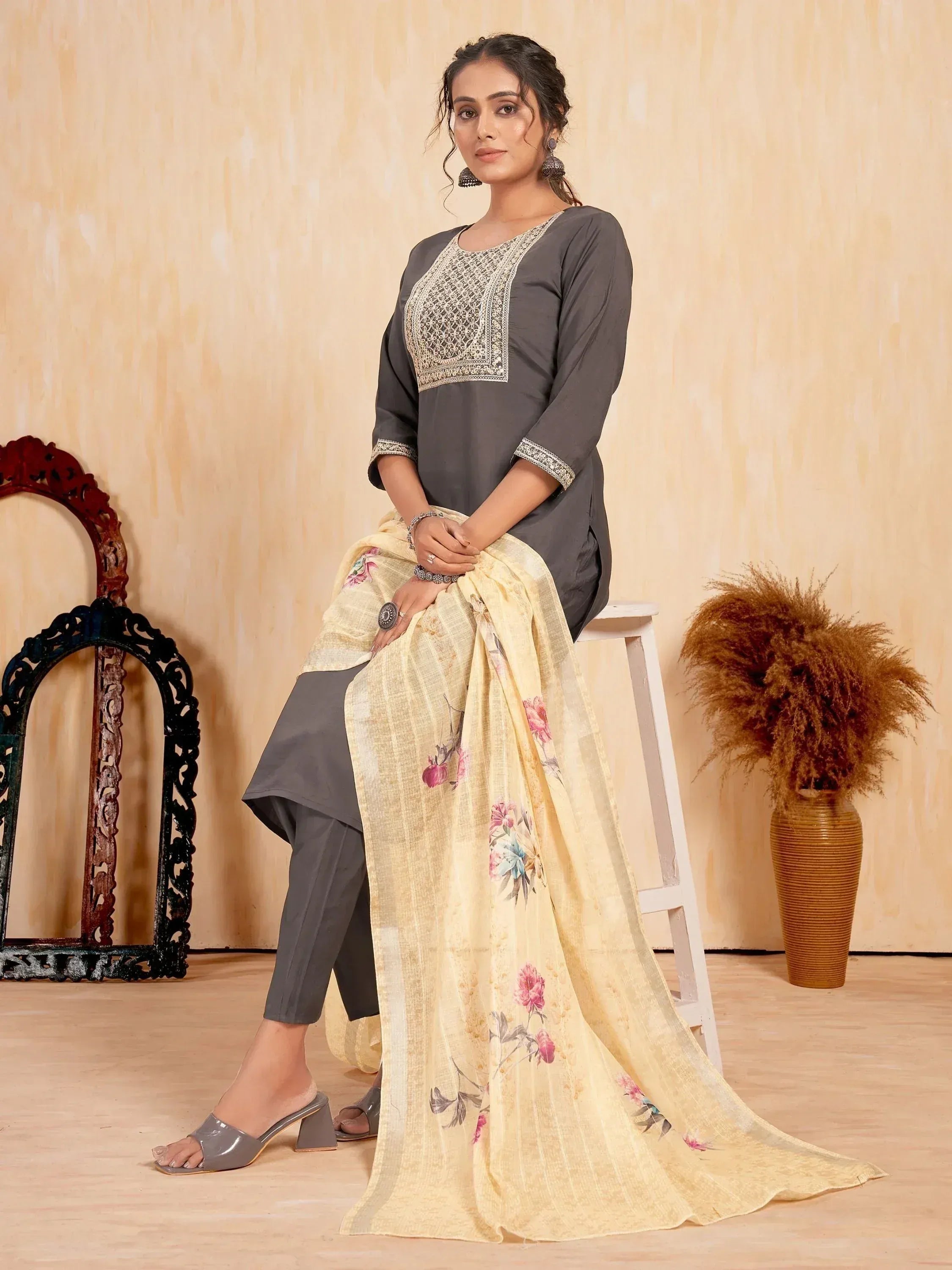 Grey embroidered kurta with floral dupatta, styled with palazzo pants for ethnic wear