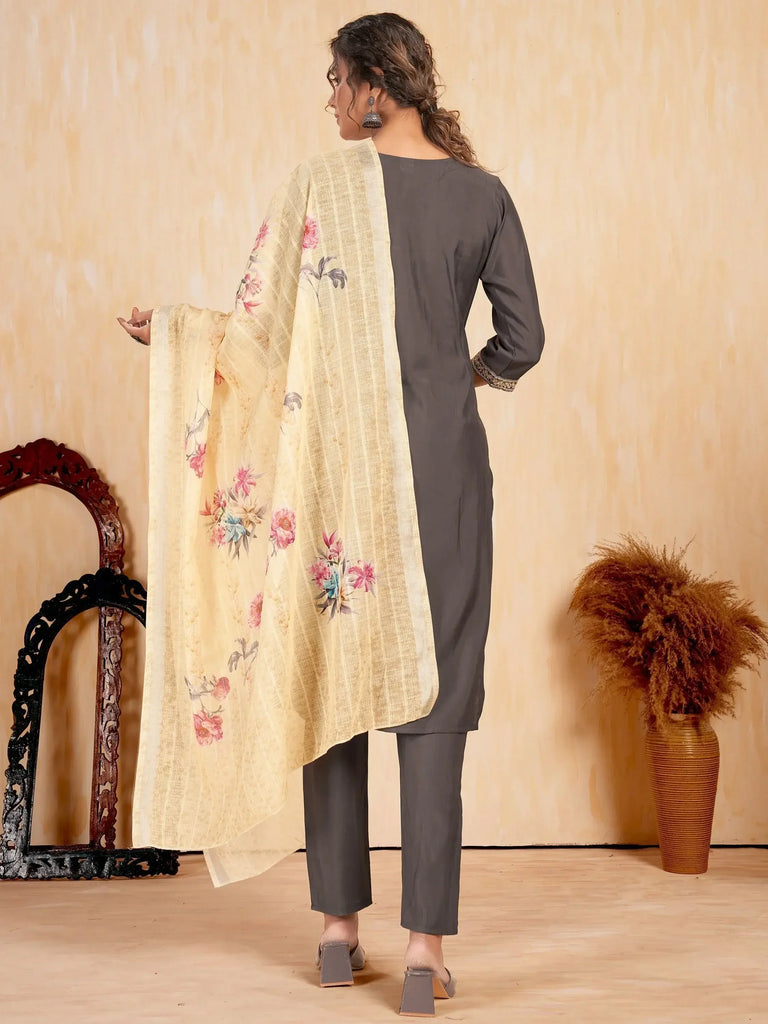 Beautiful Grey Embroidered Silk Festival Wear Pant Suit With Dupatta