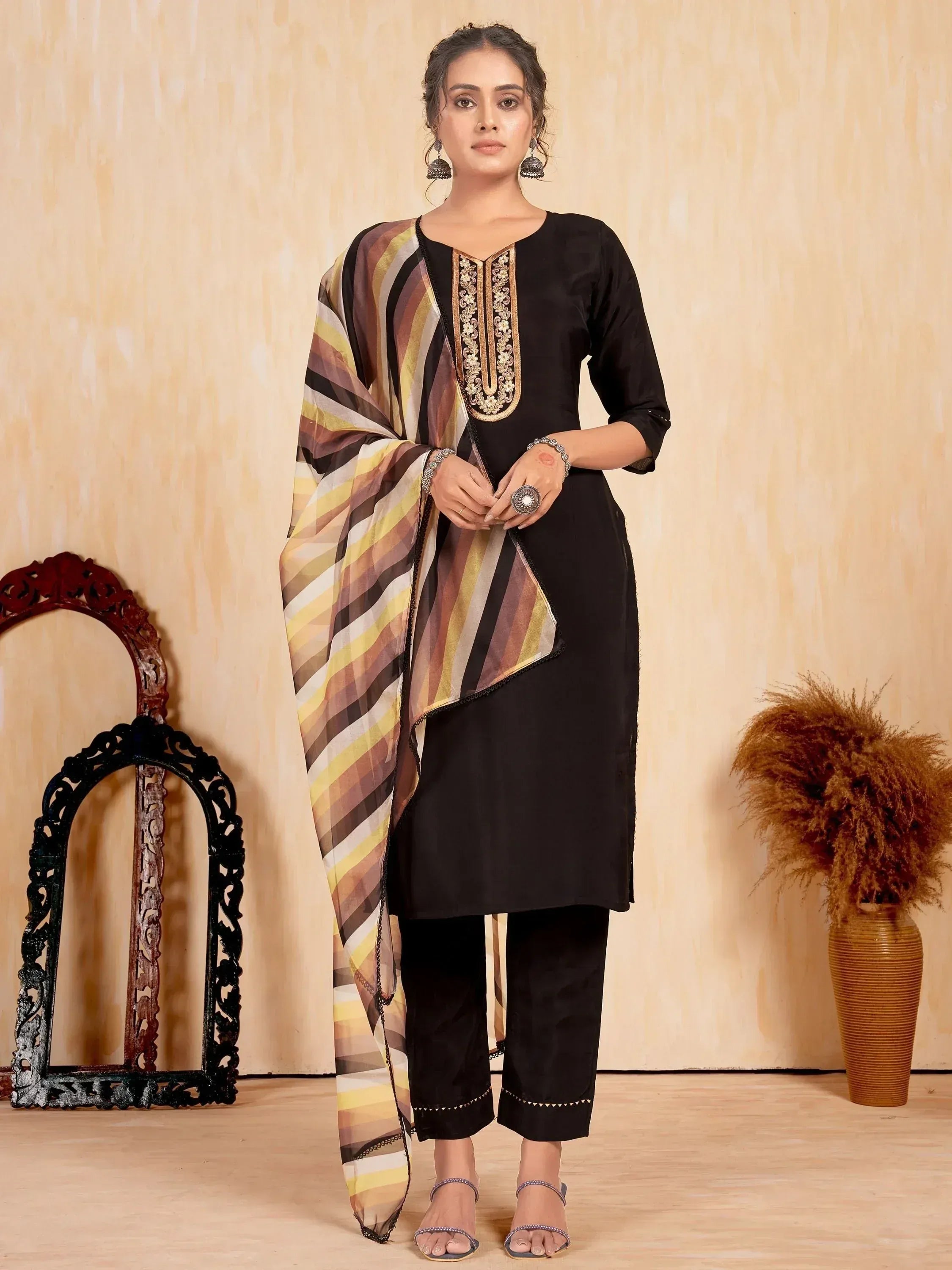 Black embroidered kurta with striped dupatta, ethnic wear for women