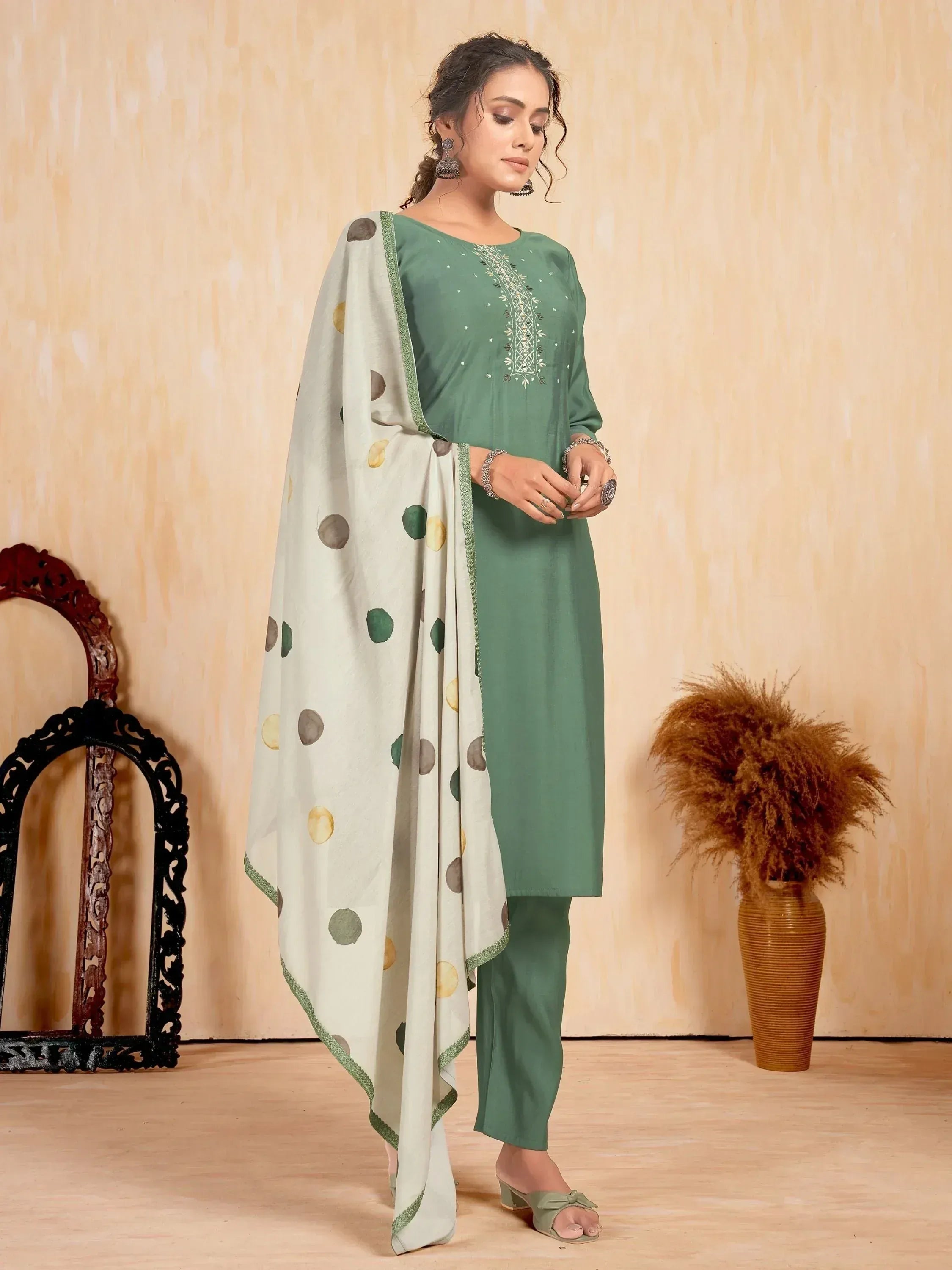 Green embroidered kurta with polka dot dupatta, Indian ethnic wear for women