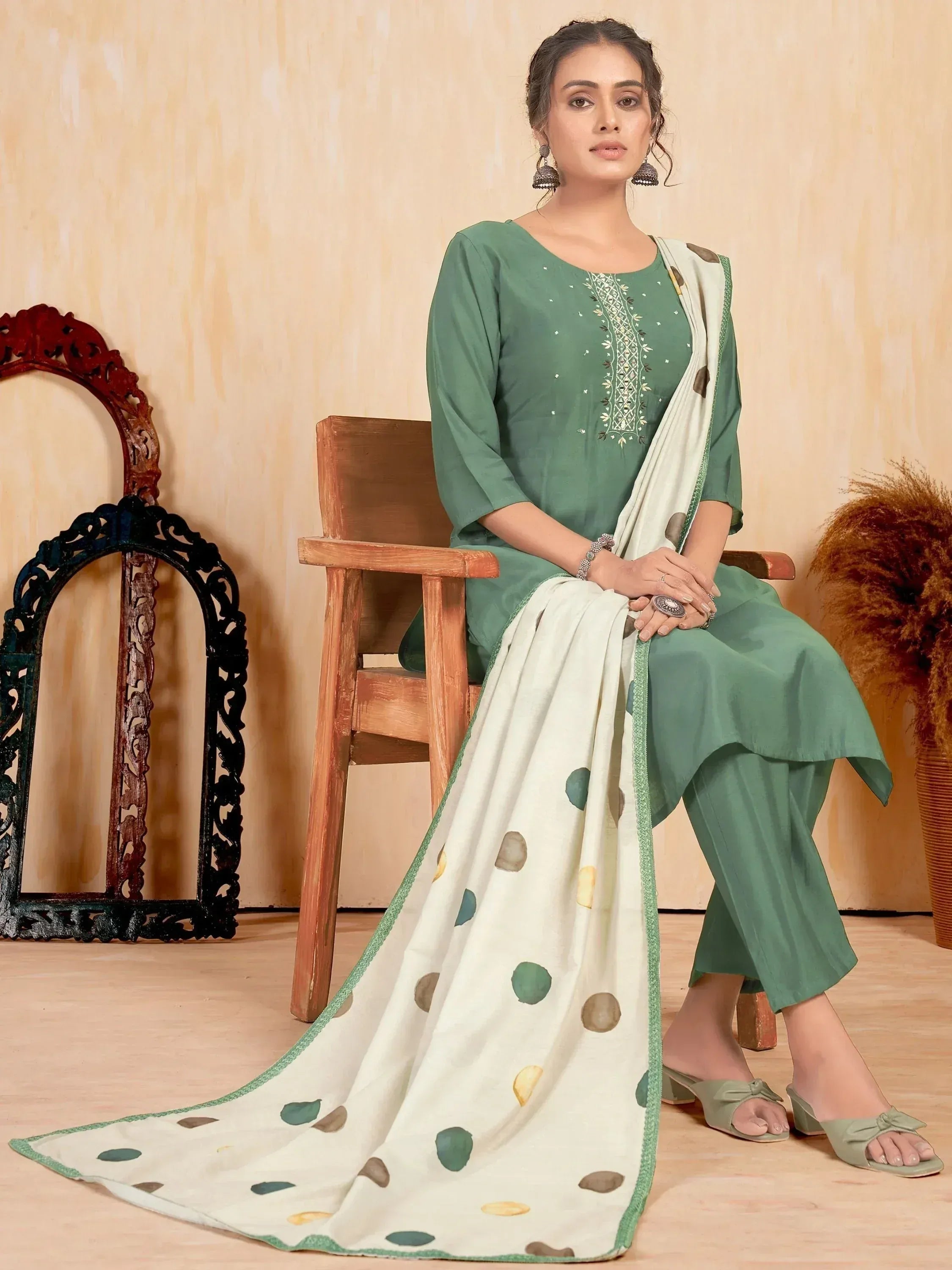 Green embroidered salwar kameez with polka dot dupatta, ethnic wear for women