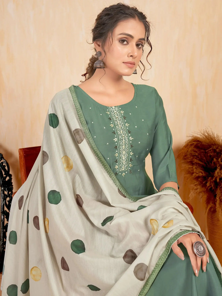 Incredible Mint Green Embroidered Silk Function Wear Pant Suit