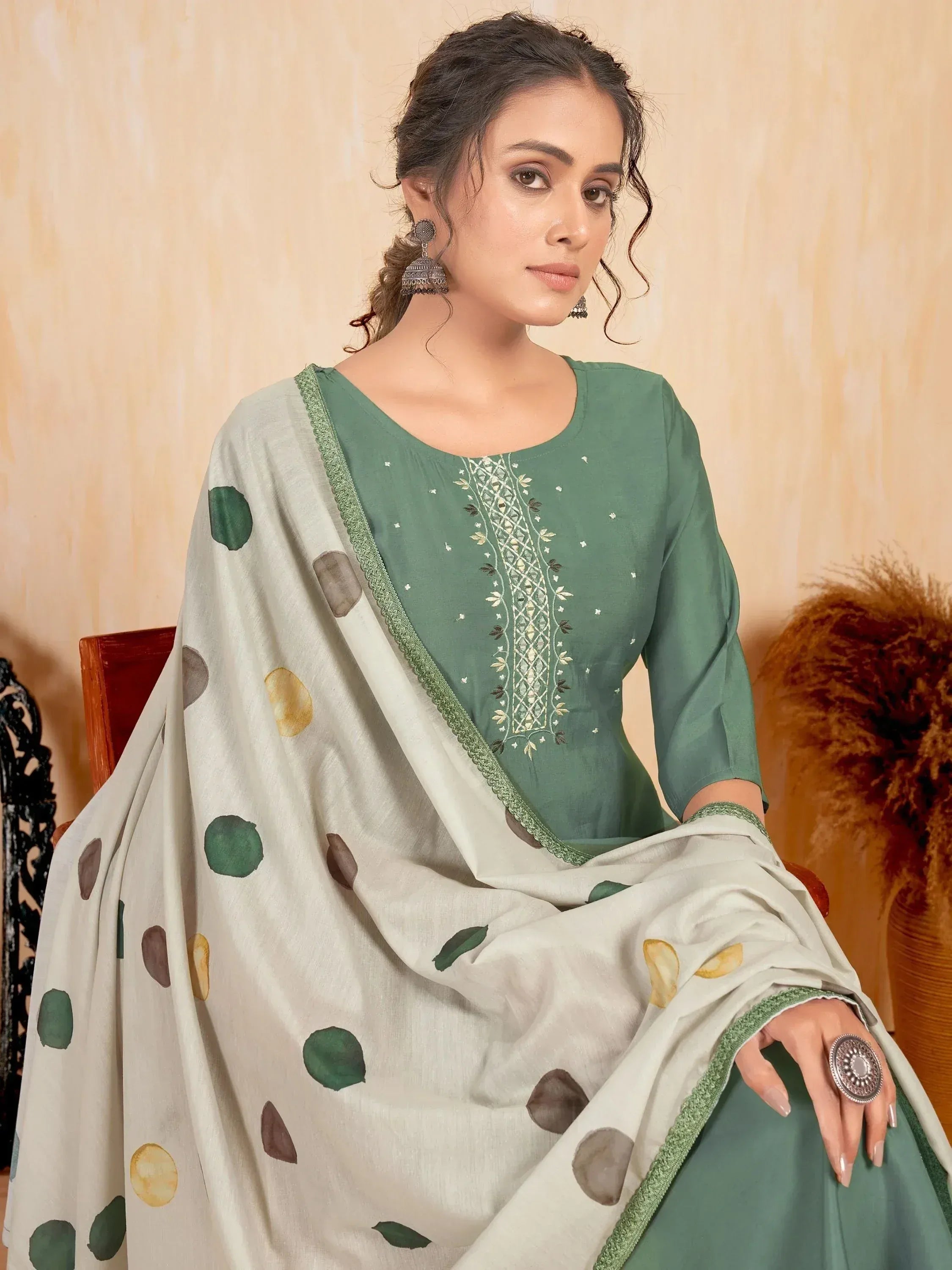 Green embroidered kurta with polka dot dupatta, Indian ethnic wear