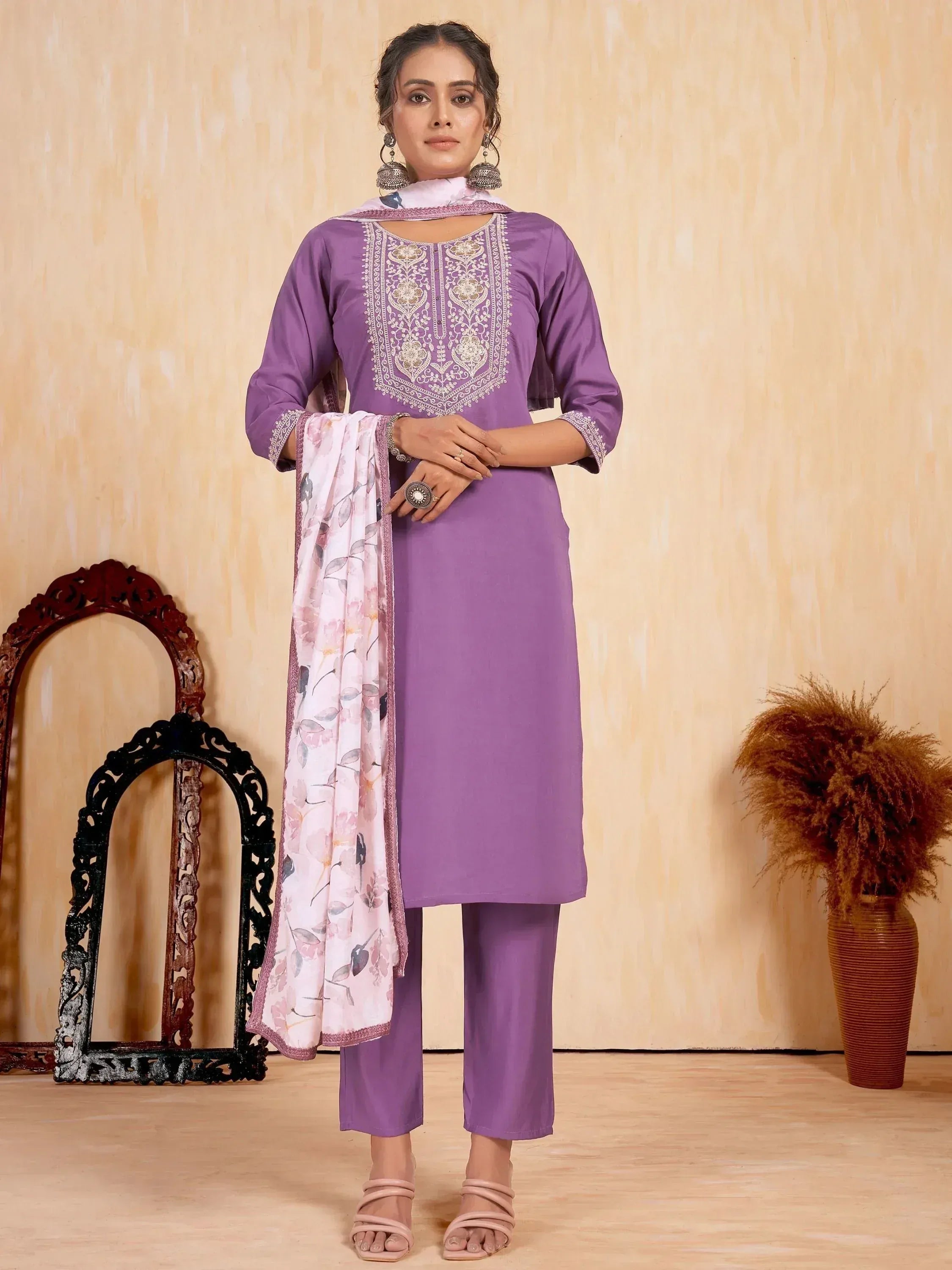Purple embroidered salwar kameez with floral dupatta, ethnic Indian wear for women