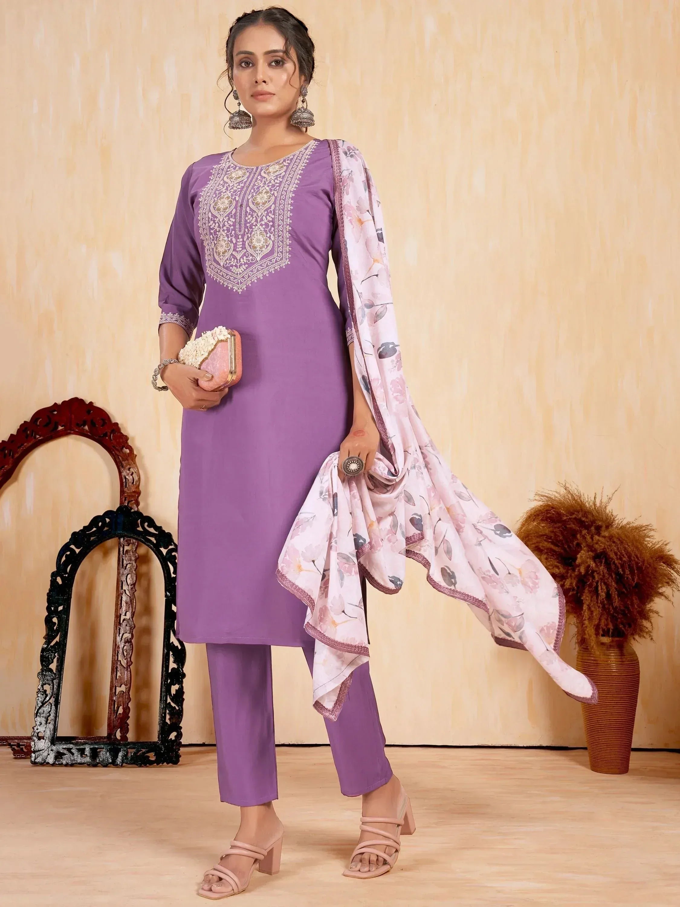 Purple embroidered salwar kameez with floral dupatta, ethnic Indian wear for women