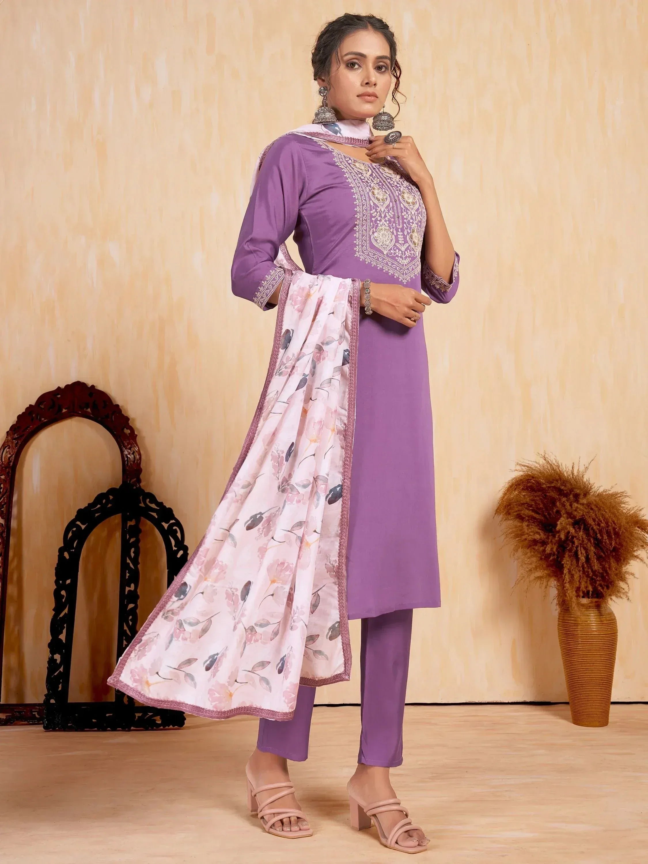 Purple embroidered salwar kameez with floral dupatta, Indian ethnic wear for women