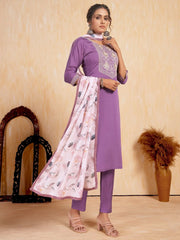 Attractive Purple Embroidered Silk Readymade Pant Suit With Dupatta