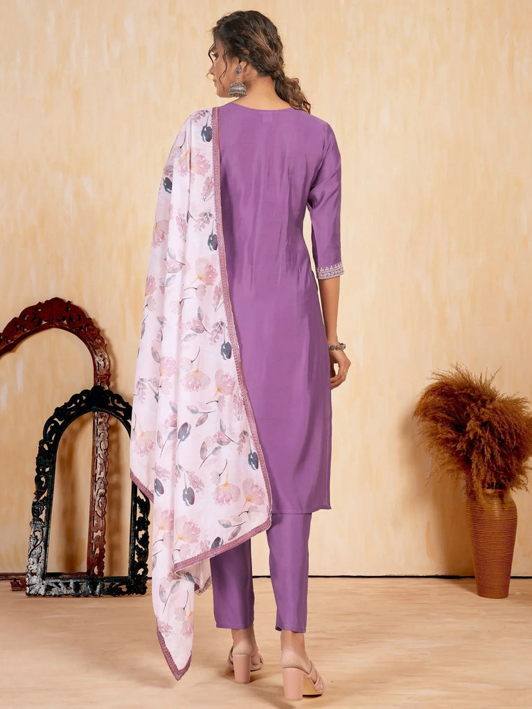 Attractive Purple Embroidered Silk Readymade Pant Suit With Dupatta