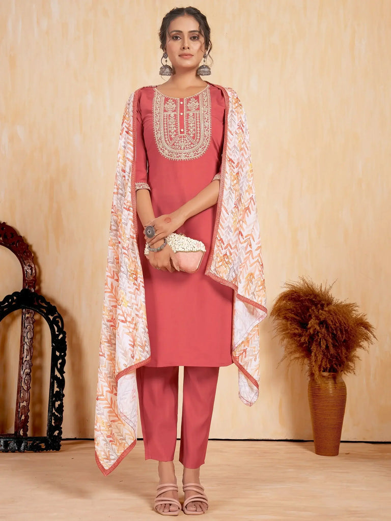 Alluring Coral Red Embroidered Silk Event Wear Pant Suit With Dupatta