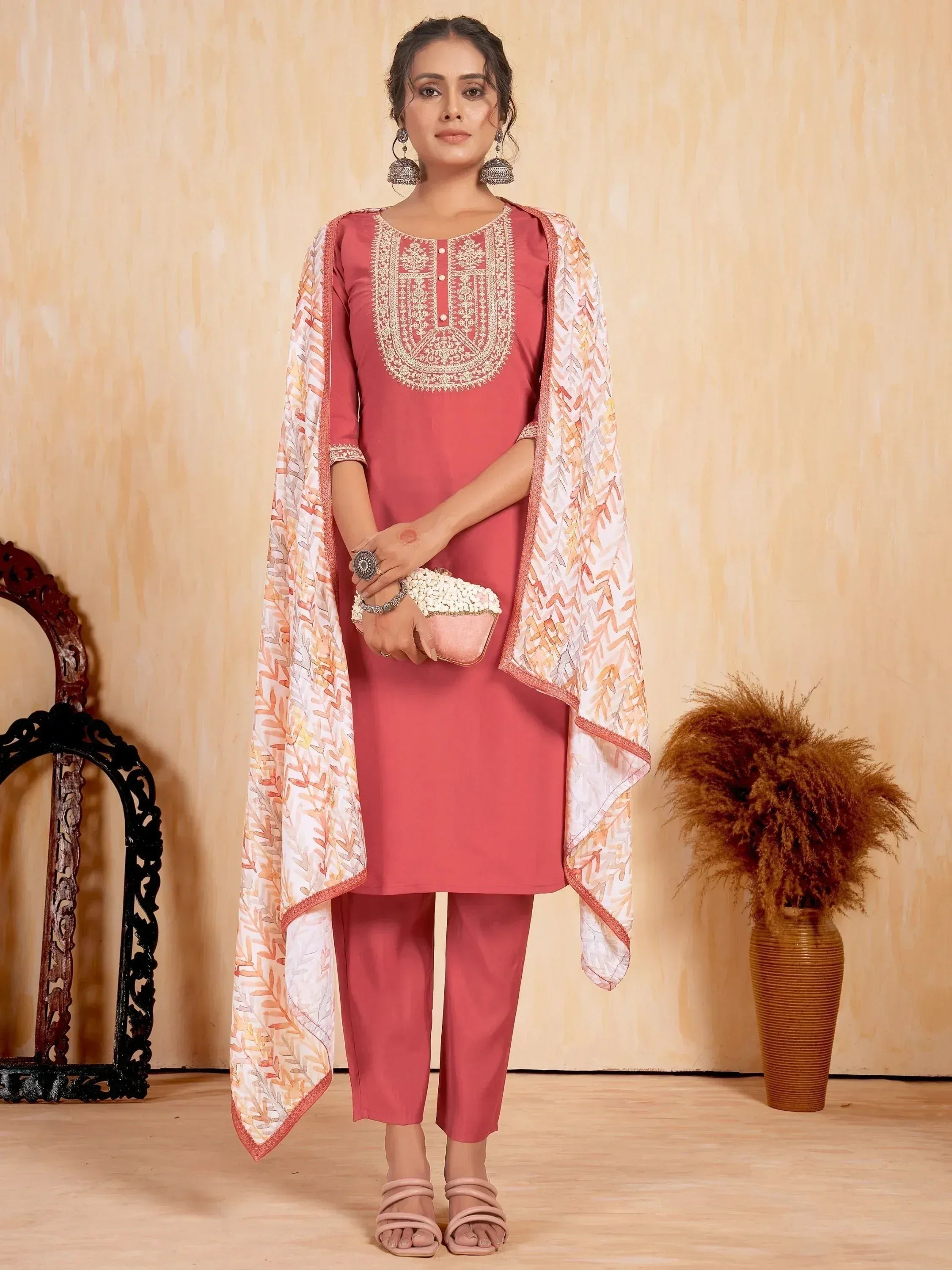 Pink embroidered kurta with matching pants and printed dupatta, Indian ethnic wear