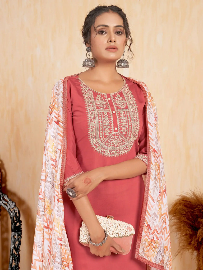 Alluring Coral Red Embroidered Silk Event Wear Pant Suit With Dupatta