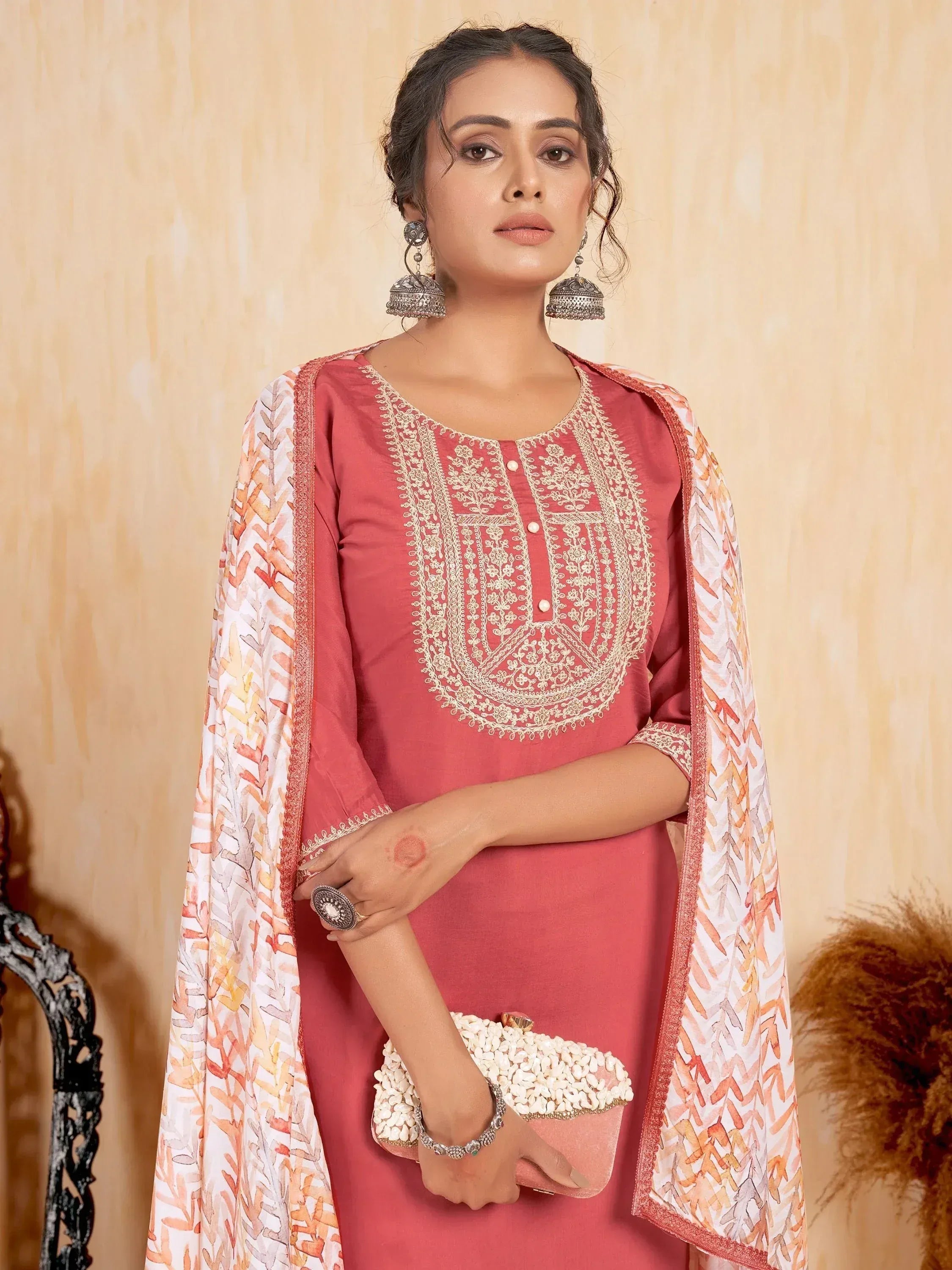 Pink embroidered kurta with printed dupatta, ethnic Indian wear for women