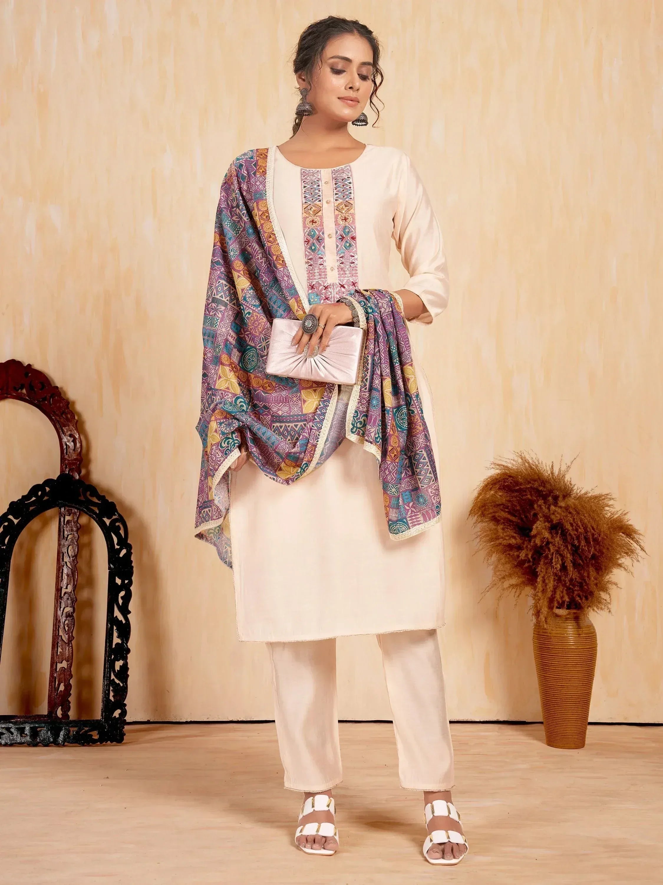 Cream embroidered kurta with colorful printed dupatta, ethnic wear for women